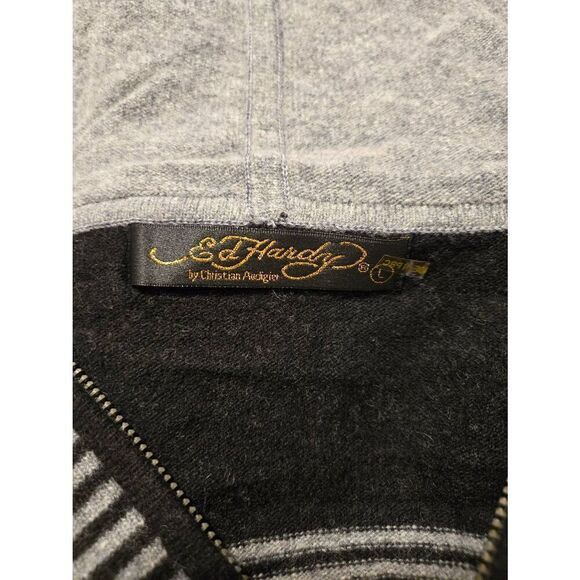 Ed Hardy Unisex Size Large Grey/Black Stripe Wool Blend Full Zip Hooded Sweater - Picture 4 of 8